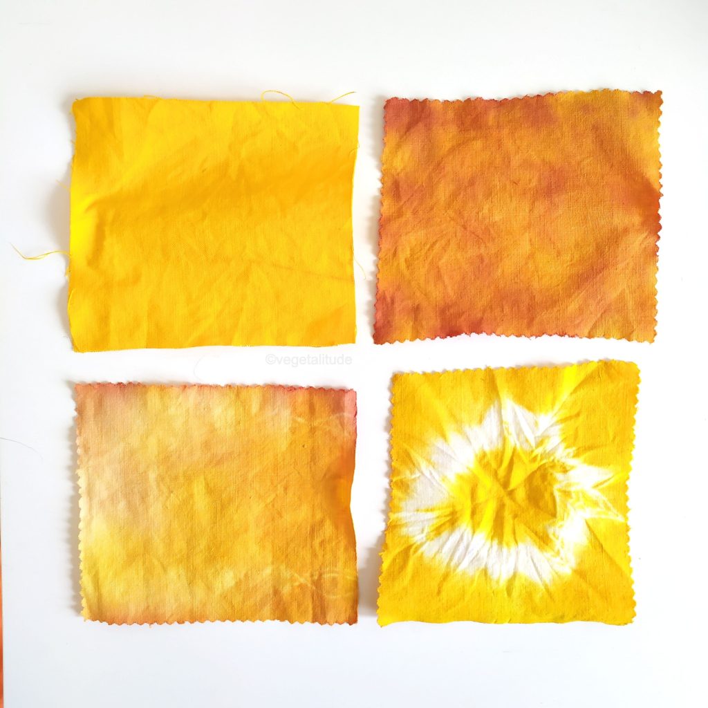 coupons coton et lin teints au curcuma secs avant lavage