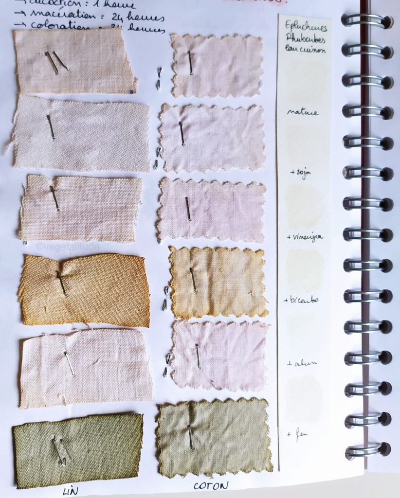 nuancier de teinture aux épluchures de rhubarbe eau de cuisson