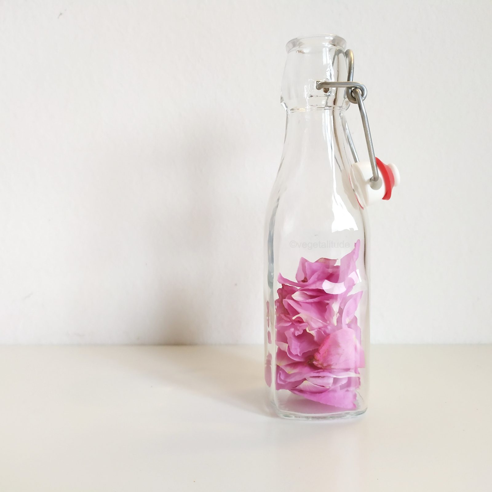 pétales de rose dans une bouteille en verre